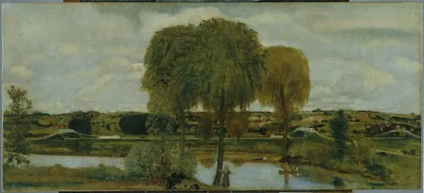 Arthur B. Davies:  Along the Erie Canal (1890). Oil on canvas 18 1/8 x 40 1/8 in. x 46.0375 x 101.9175 cm.; Framed: 24 in x 45 3/4 in x 3 in; 60.96 cm x 116.21 cm x 7.62 cm. The Phillips Collection.