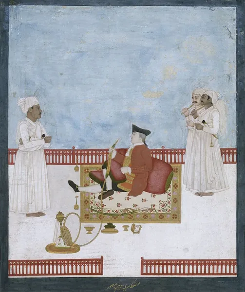Dip Chand (artist): Portrait of an East India Company Official (between circa 1760 and circa 1764;	watercolor, 26.2 × 22.6 cm (10.3 × 8.9 in)http://collections.vam.ac.uk/item/O16731/painting-portrait-of-east-india-company/
The pictures made by Indian artists for the British in India are called Company paintings. This one probably depicts William Fullerton of Rosemount, who joined the East India Company's service in 1744 and was second surgeon in Calcutta in 1751. He was present at the siege of Calcutta in 1756 and became mayor of Calcutta in 1757. In 1763 Fullerton became a surgeon to the Patna Agency. He was the only Englishman to survive the massacre of the English during the war with Mir Kasim of Murshidabad. An excellent linguist, he clearly mixed with Indians more than was common and had one or more Indian bibis (mistresses).