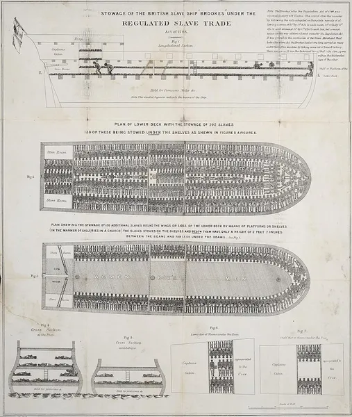 Stowage of the British slave ship Brookes under the regulated slave trade act of 1788.(circa 1789) This image is available from the United States Library of Congress's Prints and Photographs division