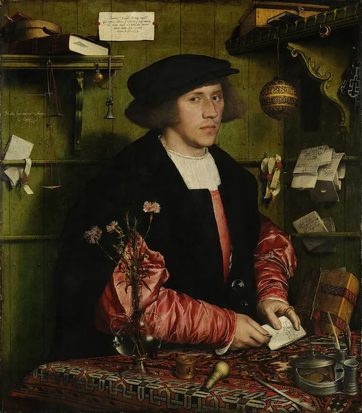 Hans Holbein the Younger: The Merchant Georg Gisze (1532); oil on oak; 86.2 cm (33.9 in) x 97.5 cm (38.4 in). Gemäldegalerie, Berlin
