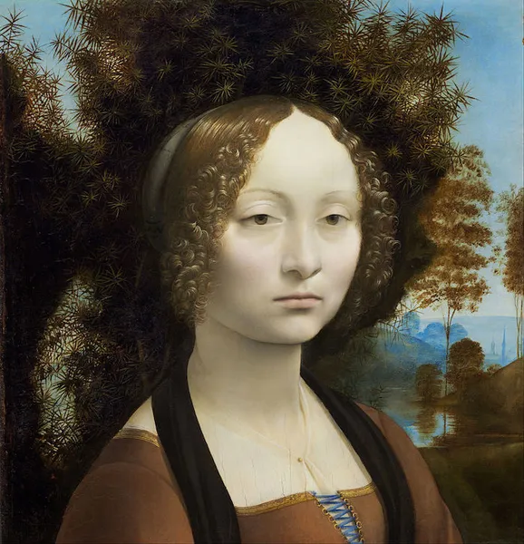 Leonardo da Vinci: Ginevra de’ Benci (c. 1474–8), Oil on panel; 38.1 cm × 37 cm (15.0 in × 15 in); National Gallery of Art, Washington, D.C.