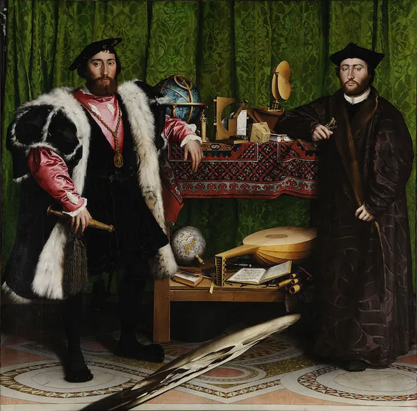 Hans Holbein the Younger: The Ambassadors (1533), Oil on oak, 207 cm × 209.5 cm (81 in × 82.5 in), National Gallery, London