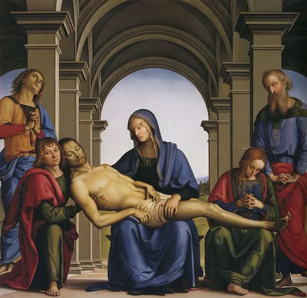 Pietro Perugino: Pietà with St. John the Evangelist, Mary Magdalen, Nicodemus and Joseph of Arimathea (1490); Uffizi Gallery