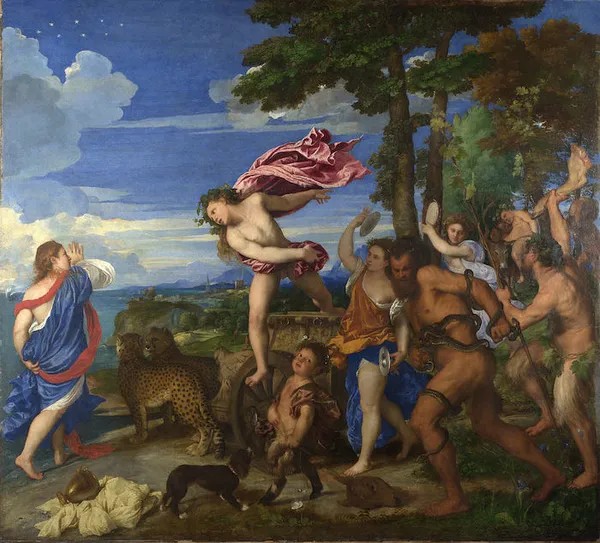 Titian: Bacchus and Ariadne (from 1520 until 1523);oil on canvas, 176.5 × 191 cm (69.5 × 75.2 in), National Gallery.