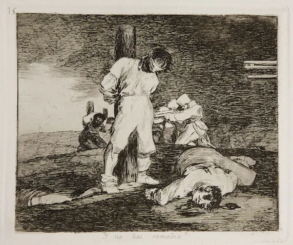 Goya's Y no hay remedio (And it can't be helped) from "The Disasters of War" (Los desastres de la guerra), c. 1810–1812, prefigures elements of The Third of May.