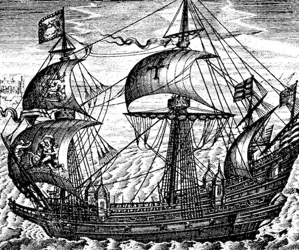 The Ark Royal (1587), by Claes Janszoon Visscher (Claes Jansz Visscher), (1587-1652)
The galleon 'Ark Raleigh' was built at Deptford for Sir Walter Raleigh in 1587. The following year she was commissioned into the Royal Navy and re-named the 'Ark Royal'. She was the Lord High Admiral's flagship against the Spanish Armada in 1588. The vessel was 100 feet long on the keel, had a beam of 37 feet and carried 44 guns.
Source: National Maritime Museum, London