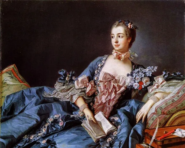 François Boucher: Madame de Pompadour (circa 1750-1758). Oil on canvas. 37.9 × 46.3 cm (14.9 × 18.2 in) (framed 64.14 × 55.88 × 8.89 cm (25.3 × 22 × 3.5 in))  Scottish National Gallery.