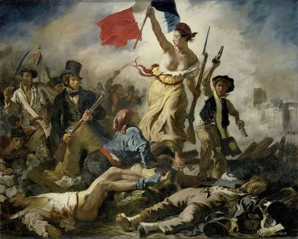 Eugène Delacroix: Liberty Leading the People (1830) Oil on canvas; 260 cm × 325 cm (102.4 in × 128.0 in); Louvre-Lens