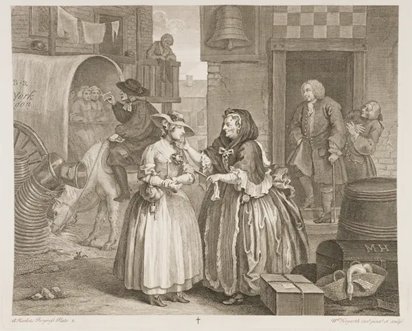 William Hogarth's A Harlot's Progress, plate 1, showing Molly's arrival in London, with Colonel Francis Charteris and "Handy Jack" leering in the background, while a syphilitic madame in the foreground procures her first.