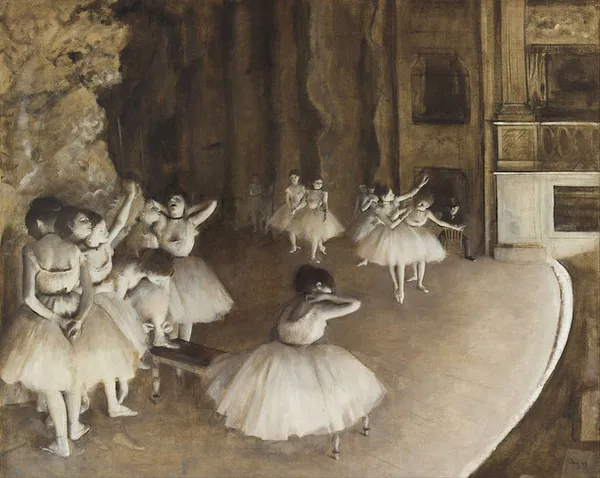 Edgar Degas: Ballet Rehearsal on Stage (1874). Oil on canvas; 650 mm (25.59″) x 810 mm (31.88″). Musée d'Orsay, Paris.