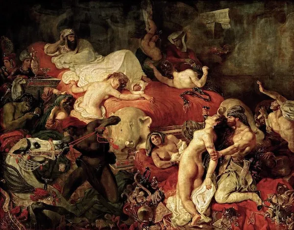 Eugène Delacroix: Death of Sardanapalus. Exhibited in Paris at the Salon of 1827. Oil on canvas; 3.9 m (12.8 ft); Width: 4.9 m (16.2 ft). Louvre Museum