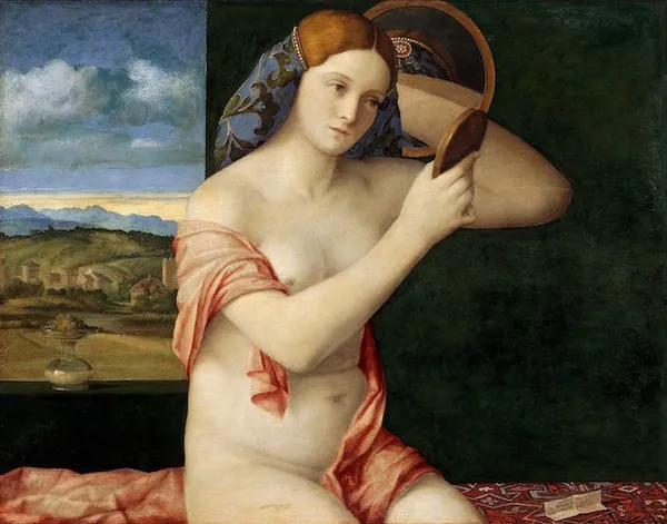 Giovanni Bellini: Woman with a Mirror, (1515). Titian had worked as a pupil in the studio of Bellini, and adopted Bellini's rich and sensuous colors.