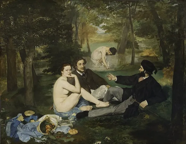 Édouard Manet: The Luncheon on the Grass (French: Le déjeuner sur l'herbe) 1862–1863; Oil on canvas; 208 cm × 265.5 cm (81.9 in × 104.5 in); Musée d'Orsay, Paris