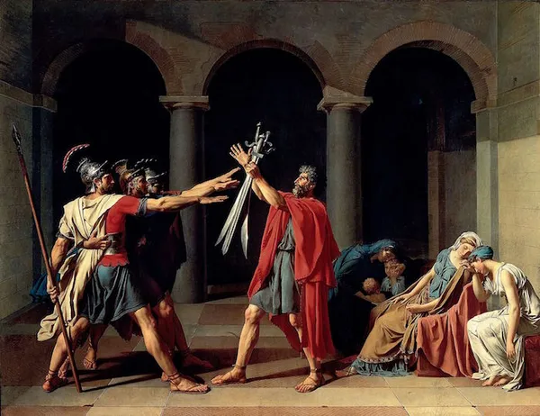 Jacques-Louis David: The Oath of the Horatii (1784/85); oil on canvas, 329.8 × 424.8 cm (129.8 × 167.2 in); Louvre Museum