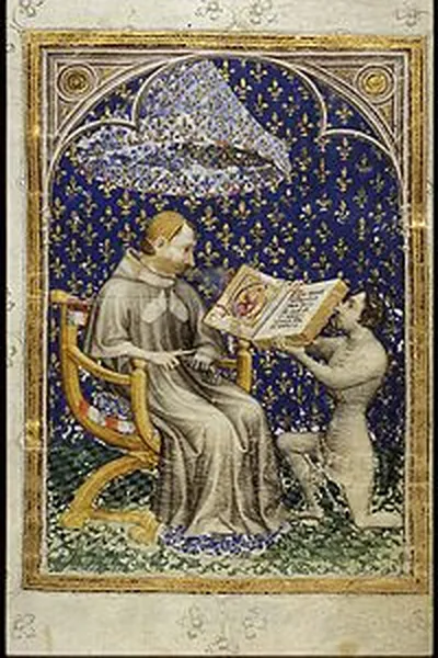 Jean de Vaudetar presents his gift of a book to Charles V of France, from the Bible historiale of Jean de Vaudetar, 1372, now in the Museum Meermanno-Westreenianum.