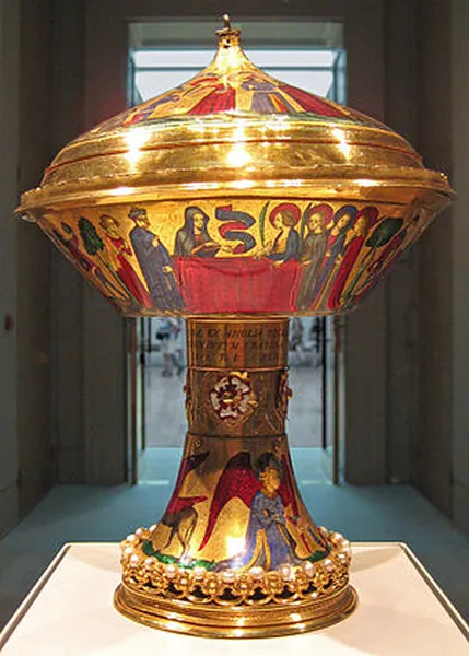 The Royal Gold Cup, 23.6 cm high, 17.8 cm across at its widest point; weight 1.935 kg, British Museum. Saint Agnes appears to her friends in a vision. (Photographed at the British Museum on 4 June 2010 by BabelStone)