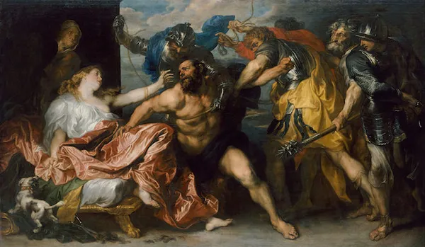Anthony van Dyck: Samson and Delilah, ca. 1630. A strenuous history painting in the manner of Rubens; the saturated use of color reveals van Dyck's study of Titian.