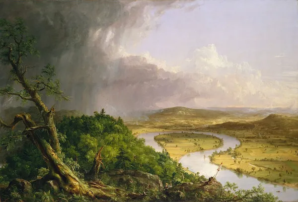 Thomas Cole: View from Mount Holyoke, Northampton, Massachusetts, after a Thunderstorm—The Oxbow. (1836) Oil on canvas; 130.8 cm (51.4″) x 193 cm (75.9″). Metropolitan Museum of Art