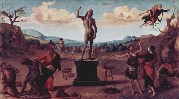 Piero di Cosimo: The Myth of Prometheus (1515). Oil on panel; 68 cm × 120 cm (27 in × 47 in); Alte Pinakothek, Munich