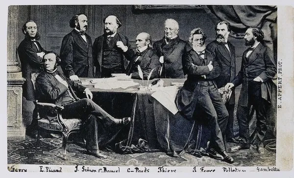 The provisional government in 1870–1871; Thiers in the center, Gambetta at far right.
