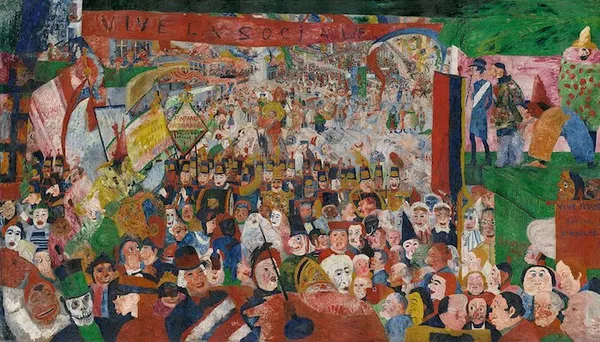 Christ's Entry into Brussels in 1889 (1888); oil on canvas 253 cm (99.6″) x 431 cm (14.1 ft). The Getty Museum.