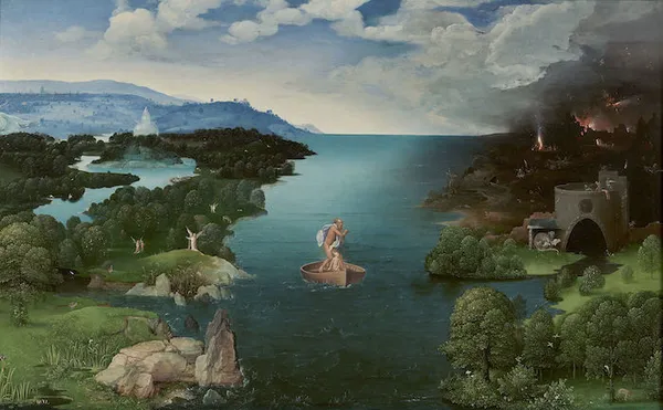 Patnir, Joachim. Crossing the River Styx. Oil on panel.  64 cm (25.1 in) x 103 cm (40.5 in).  Museo del Prado