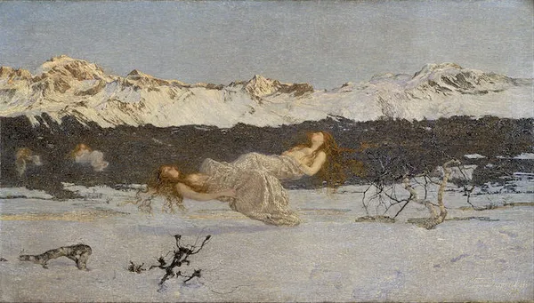 Giovanni Segantini: The Punishment of Lust (1891); oil on canvas 99 cm (38.9 ″) x172.8 cm (68 ″). Walker Art Gallery