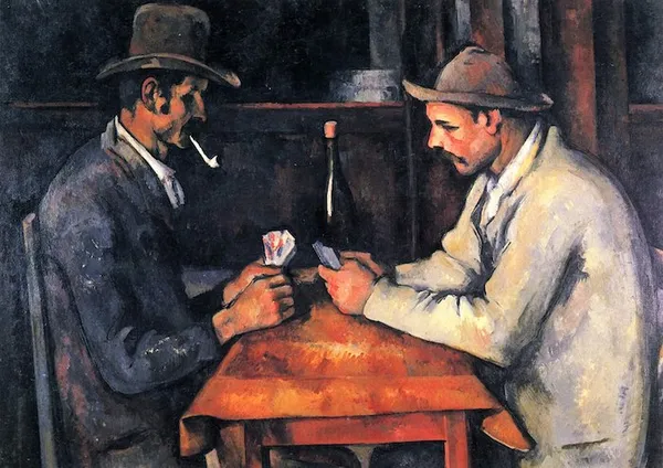 Paul Cézanne: The Card Players (between 1892 and 1893); oil on canvas 97 cm (38.1 ″) x 130 cm (51.1 ″); Royal Family of Qatar
