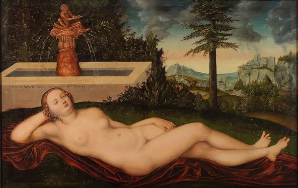 Lucas Cranach the Elder : Nymph at the source (1518). Oil on lime; 59 cm (23.2 in) x 91.5 cm (36 in). Museum der bildenden Künste