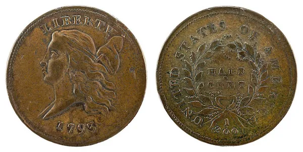 1793-½C-Liberty Cap Half Cent (left), copper, 22mm, 6.740g, designed by Henry Voigt. National Numismatic Collection, National Museum of American History (photograph by Jaclyn Nash)