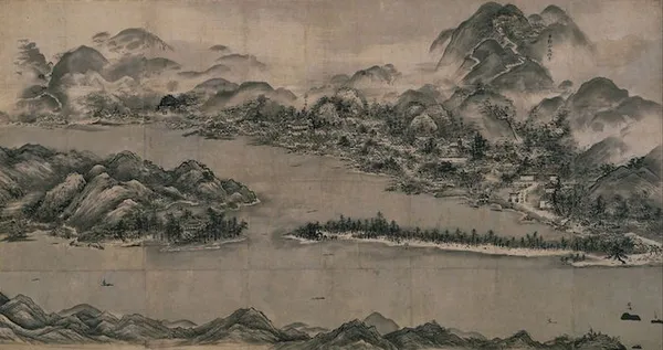 Sesshū Tōyō: View of Ama-no-Hashidate (c. 1501–1506); ink and light color on paper; 90 × 178.2 cm (35.4 × 70.2 in); Kyoto National Museum