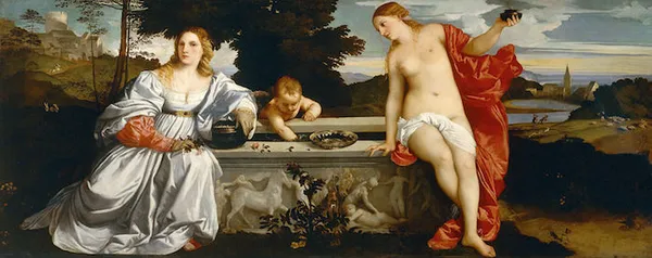 Titian: Sacred and Profane Love (1514); oil on canvas, 118 × 279 cm (46.5 × 109.8 in); Galleria Borghese