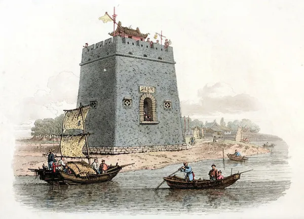 Drawing by William Alexander, draughtsman of the Macartney Embassy to China in 1793. A fort near Tianjin situated on a point at the confluence of three rivers, the Pei-ho, the Yun-leang, and the When-ho. The city of Tianjin was carefully guarded since it was the chief harbor for shipping, and principal depot for merchandise in China. This fortification was thirty-five feet in height, and built with bricks, except the foundation, which was of stone, and has been partly undermined; the surrounding country being very low and marshy. A guard of soldiers was constantly stationed there, and, in cases of turmoil, the sentinels gave the alarm to the adjacent military posts, in the daytime by hoisting a signal, and at night by the explosion of fireworks; on which the neighboring garrisons would arrive to the spot. On the upper landing there is a building to shelter sentinels on duty; one of them is beating a gong, to announce to the garrison the approach of a viceroy or mandarin of rank ; on this notice, they immediately form in a rank, and stand under arms to salute him. Within the parapet a lantern is suspended, and in the opposite angle the imperial standard is elevated; the color of the tablet, with the inscription on it, likewise shows it to be a royal edifice. In Johan Nieuhoff's account of the Dutch Embassy, which was sent to Peking in the year of 1650, there is a print either of this tower, or one similar to it, which stood on the same site. The hillocks of earth under a clump of trees, seen in the distance, are burying-places. Image taken from The Costume of China, illustrated in forty-eight colored engravings, published in London in 1805.