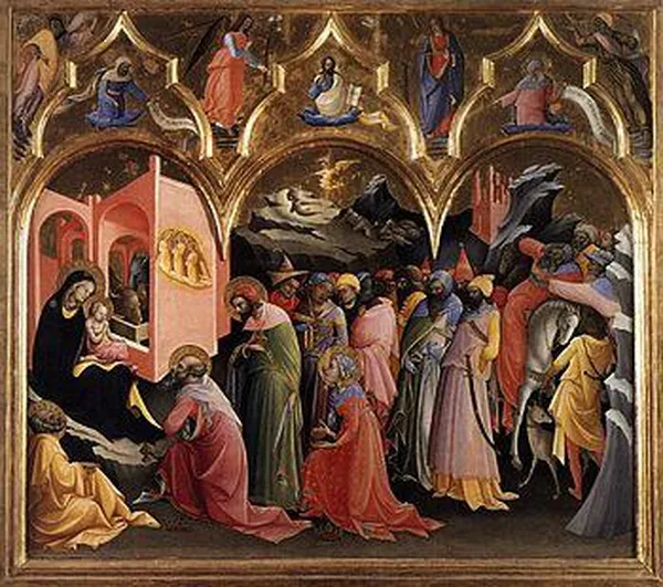 Lorenzo Monaco: The Coronation of the Virgin (1420-1422); Tempera on panel; 115 cm × 183 cm (45 in × 72 in); Uffizi Gallery, Florence