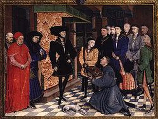 Rogier van der Weyden miniature 1447-8. Philip dresses his best, in an extravagant chaperon, to be presented with a History of Hainault by the author, flanked by his son and Nicolas Rolin.