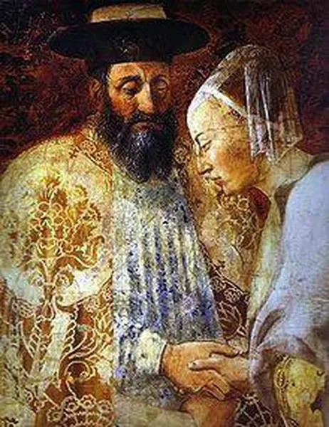 Legend of the True Cross - the Queen of Sheba meeting with King Solomon.