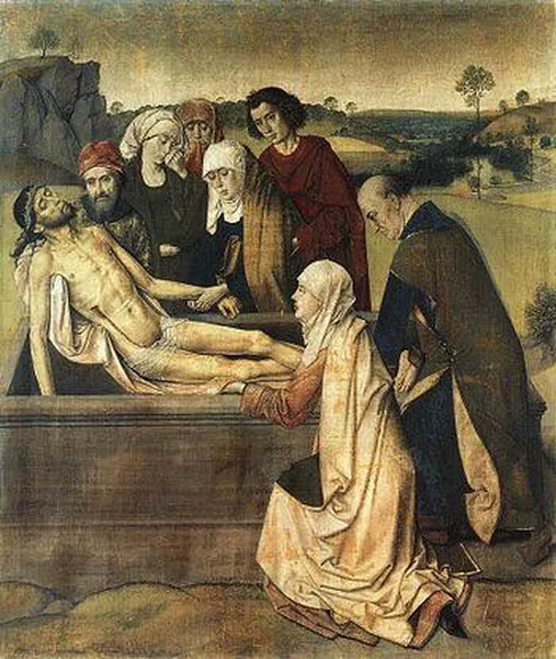 Dirk Bouts, The Entombment, probably completed between 1440 and 1455. Glue-size tempera on linen, 87.5 × 73.6 cm (34.4 × 29 in). National Gallery, London.
