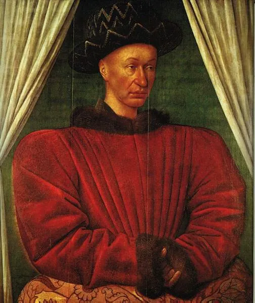 Jean Fouquet: Portrait of Charles VII of France (oil on panel); 85.7 × 70.6 cm (33.7 × 27.8 in); Louvre Museum