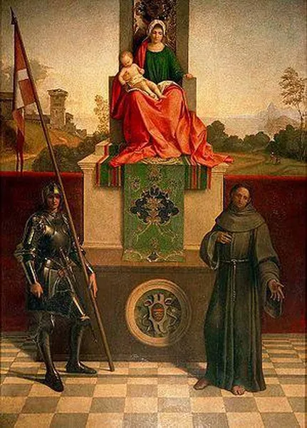 Giorgione: Madonna and Child Between St. Francis and St. Nicasius (c. 1503), oil on canvas, 200 cm × 152 cm (79 in × 60 in) Cathedral of Castelfranco Veneto