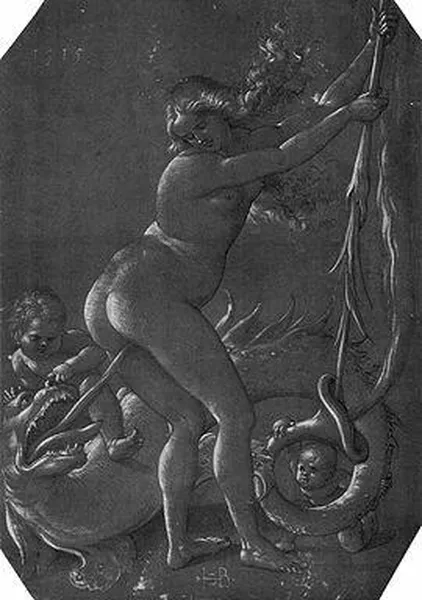 Hans Baldung: Standing witch with monster (1515) white impasto on brown priming paper, 295 × 207 mm 