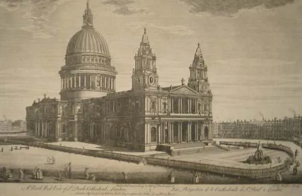 St Paul's from the north west in the 18th century. Drawn by JM Meuller. 
The height of the body of the building appears to be understated relative to the dome, and the extent of the surrounding space is exaggerated.