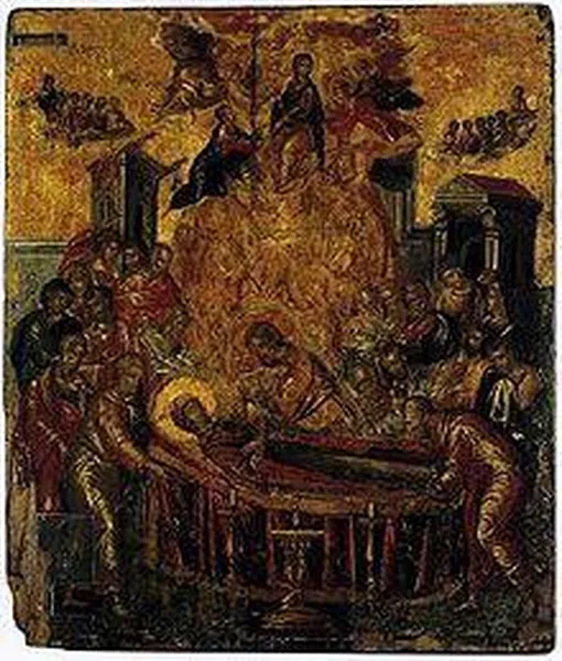 The Dormition of the Virgin (before 1567, tempera and gold on panel, 61,4 × 45 cm, Holy Cathedral of the Dormition of the Virgin, Hermoupolis, Syros) was probably created near the end of the artist's Cretan period. The painting combines post-Byzantine and Italian mannerist stylistic and iconographic elements.