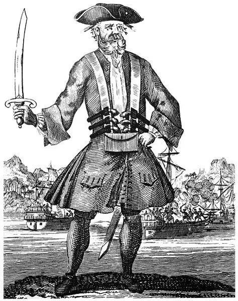 Edward Teach aka Blackbeard, as engraved by Benjamin Cole in the 1724 edition of A General History of the Robberies and Murders of the most notorious Pyrates.