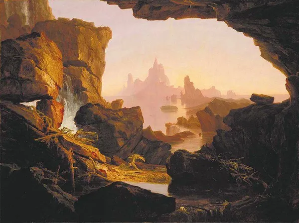 Thomas Cole: The Subsiding of the Waters of the Deluge (1829) oil on canvas; 90.8 × 121.4 cm (35.7 × 47.8 in)Smithsonian American Art Museum