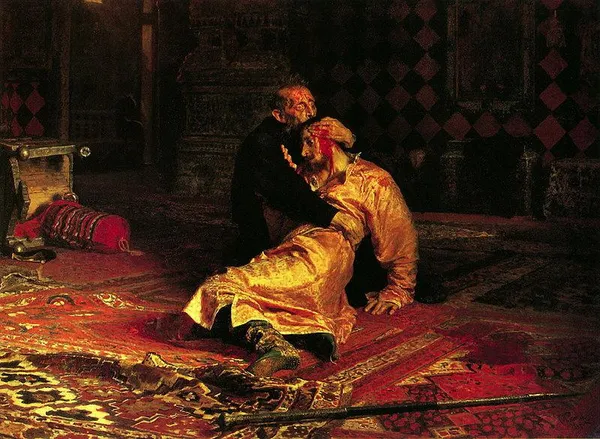 Ilya Repin: Ivan the Terrible and His Son Ivan on November 16th, 1581 (1885), oil on canvas, 199.5 × 254 cm (78.5 × 100 in)Tretyakov Gallery, Moscow
