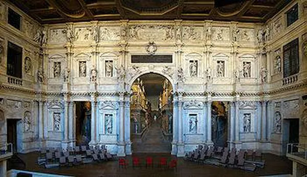 Scaenae frons of the Teatro Olimpico. The large central arch is known as the porta regia or "royal arch".