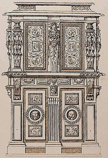 Engraved design for a cabinet, by Jacques I Androuet du Cerceau, ca. 1550s: such a cabinet would have been executed in contrasting walnut and ebony, its top a low plinth for sculpture or a display of silver