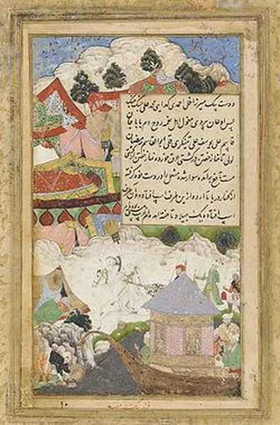 Farrukh Beg: A Drunken Babur Returns to Camp at Night, Lahore, Pakistan, (1589) Opaque watercolor, ink, and gold on paper, mounted within borders of a Rawdat al-safa page, 41.0 cm (height) by 26.3 cm (width), Lahore, Pakistan