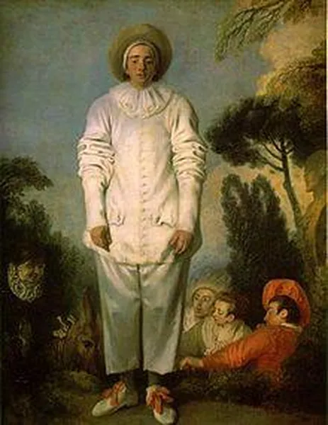 Antoine Watteau's commedia dell'arte player of Pierrot, ca 1718–19, traditionally identified as "Gilles". Oil on canvas; 184 × 149 cm (72.4 × 58.7 in) (Louvre Museum, Paris)
