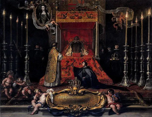 Marie Louise, Queen of Spain, lying in state in the Royal Alcazar of Madrid (1689), oil painting by Sebastián Muñoz.